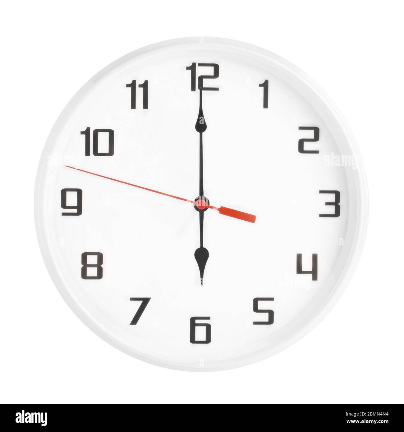 White clock isolated on white background. 6 p.m. or 6 a.m. Stock Photo