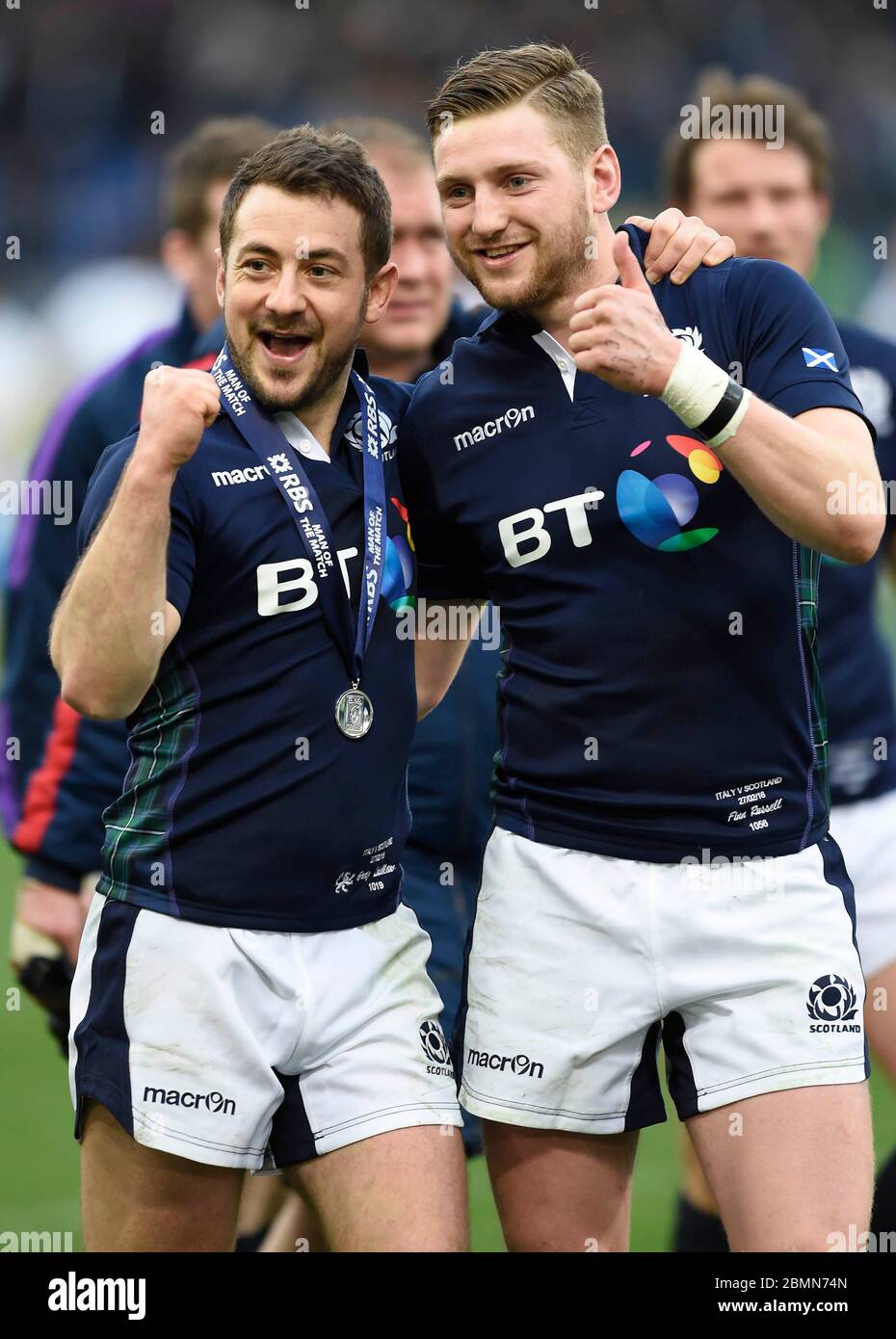 February 27th 2016, RBS Six Nations, Italy v Scotland, Stadio Olimpico, Rome. Scotland's Greig Laidlaw (L) and Finn Russell during a lap of honour. Stock Photo