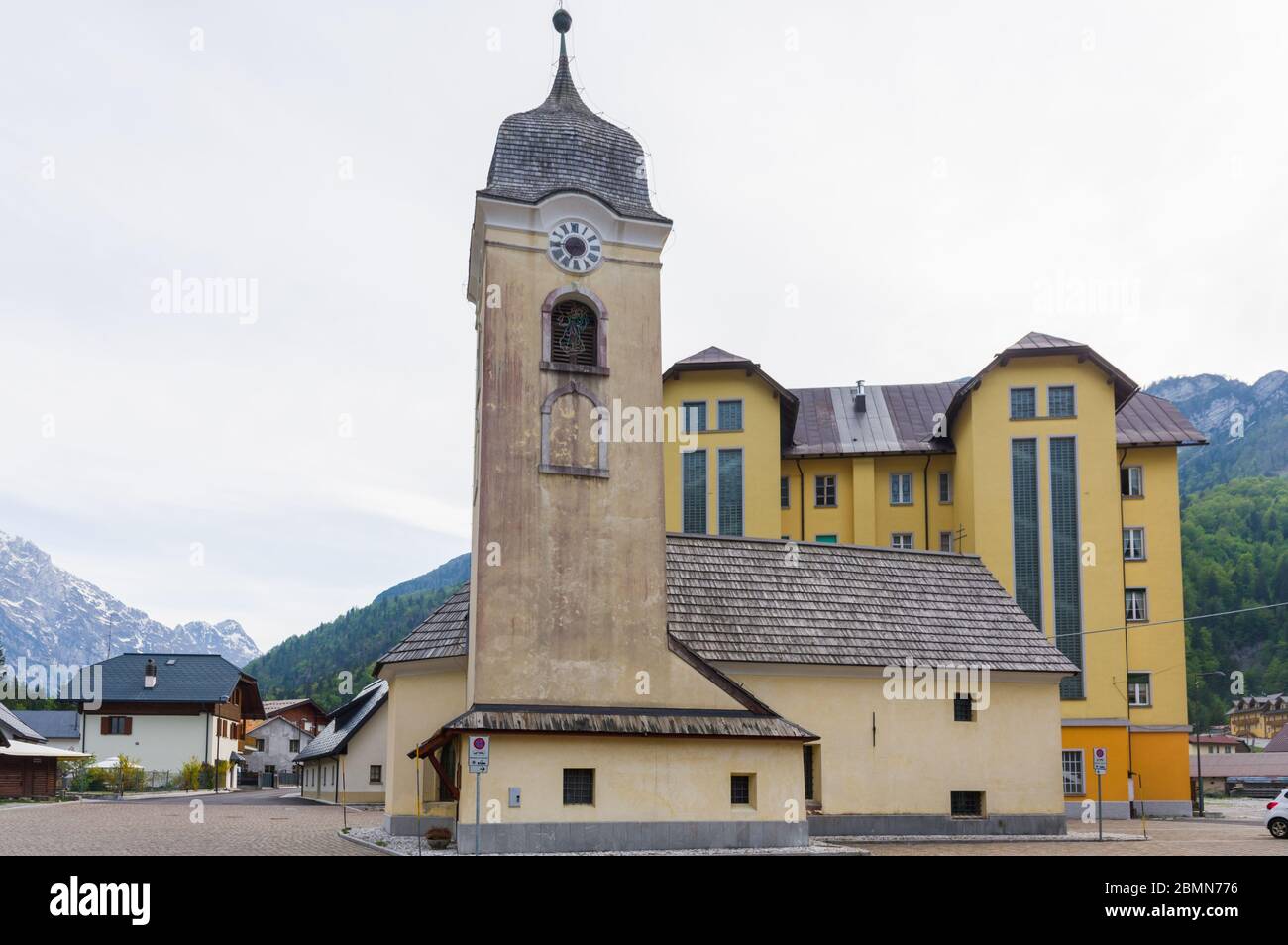 Cave del Predil, Italy (8th May 2020) - The small church of Sant'Anna (XVIII century) in the mining town of Cave del Predil Stock Photo