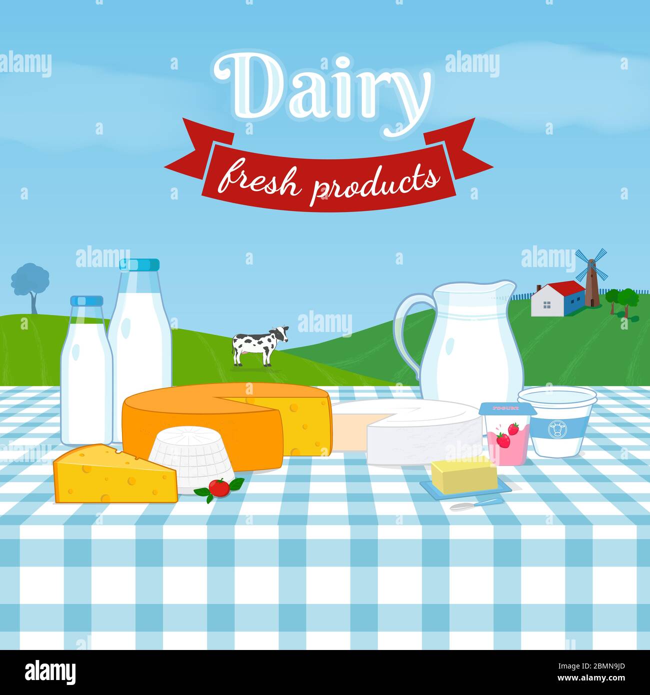 Dairy milk products set ,rural farm landscape. Stock Vector