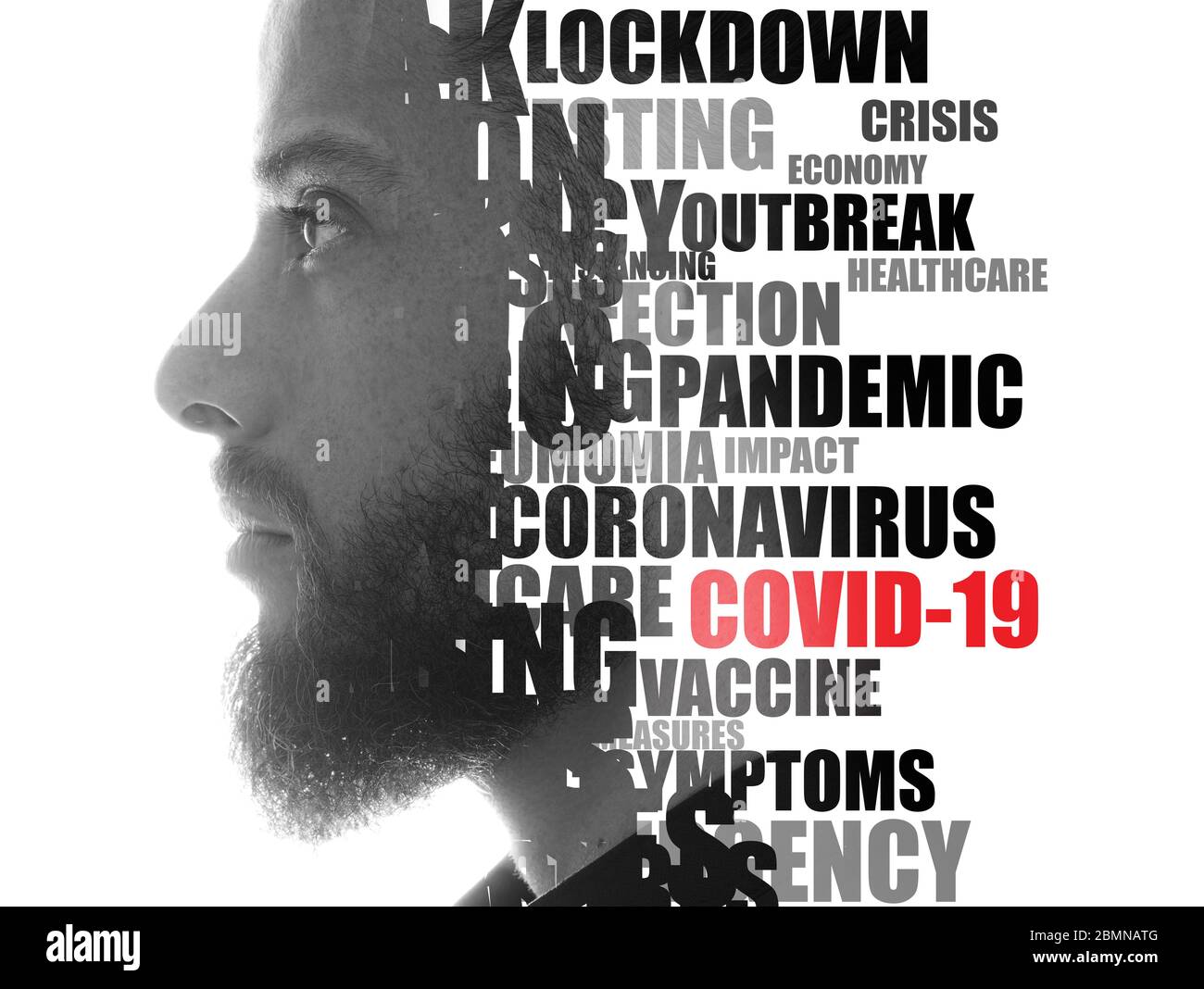Coronavirus word cloud. Double exposure portrait. Stock Photo