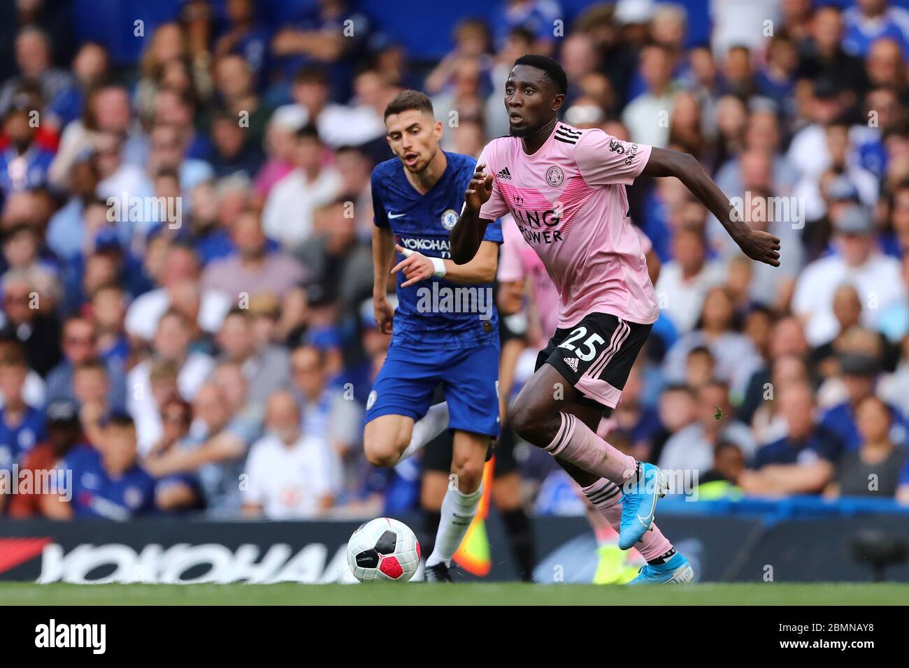 Wilfred Ndidi of Leicester City and Jorginho of Chelsea in action during the Premier League match between Chelsea and Leicester City at Stamford Bridge.(Final Score: Chelsea 1 - 1 Leicester) Stock Photo