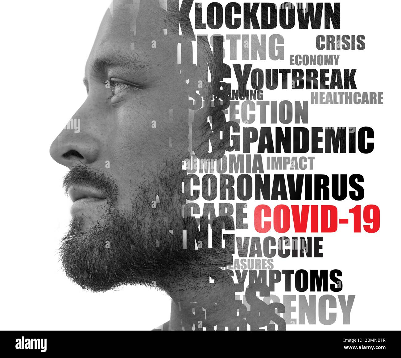 Coronavirus word cloud. Double exposure portrait. Stock Photo