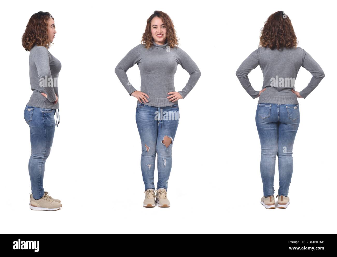 Woman With Jeans Front Back And Side View On White Background Hands