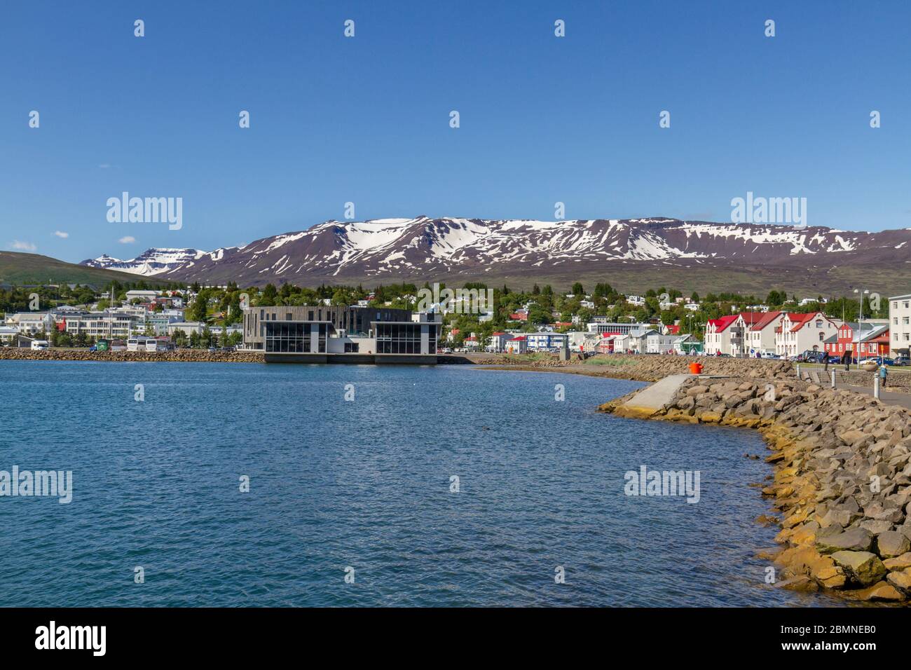 Shoreline view of Akureyri, on the Eyjafjörður Fjord, northern Iceland. Stock Photo