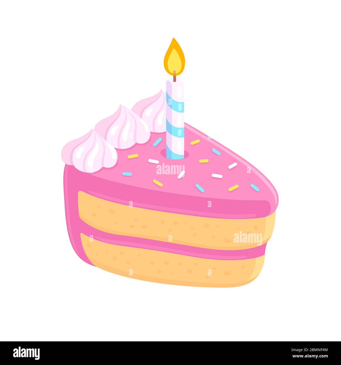 Cartoon birthday cake slice with candle, pink frosting and sprinkles. Happy Birthday greeting card design element. Isolated vector clip art illustrati Stock Vector