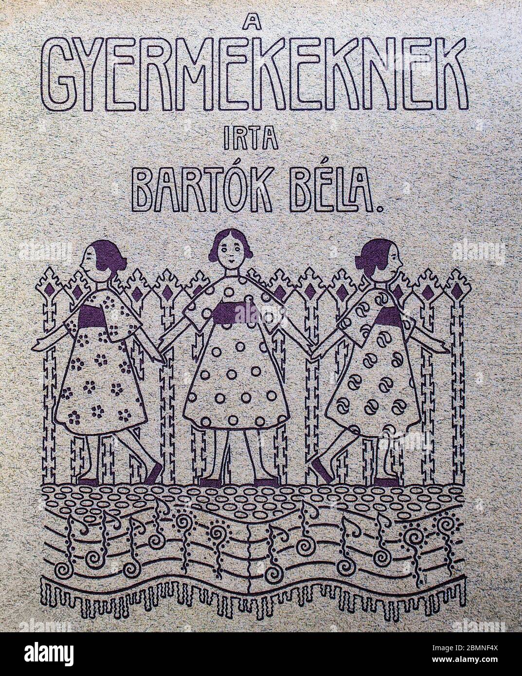 The title page of Bela Bartok's Piano Pieces for Children. It was first published in 1909 after collecting folk music from various Eastern European countries. Bartók (1881-1945) was a Hungarian composer, pianist, and ethnomusicologist. Stock Photo