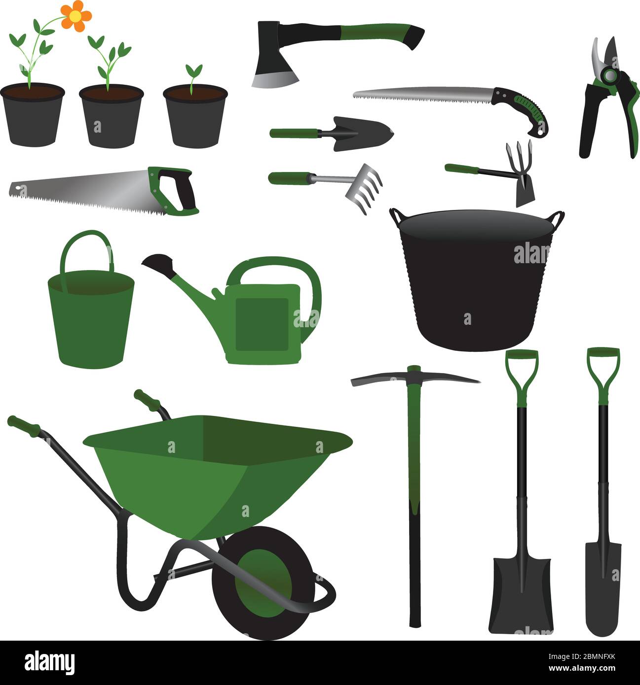 Gardening tools set collection with green color theme and objects Stock Vector