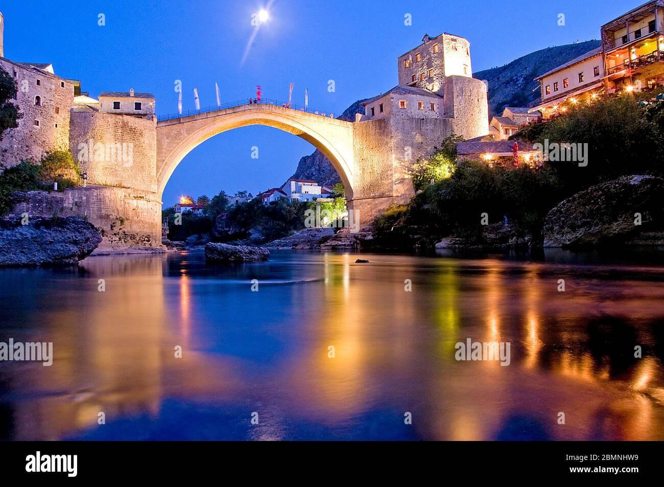 Dusk, Old Bridge, Mostar over Neretva River, Bosnia Stock Photo
