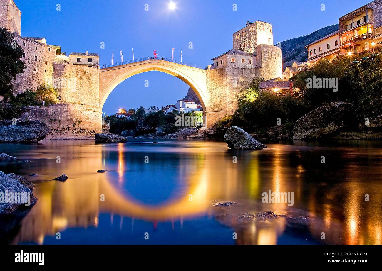 Dusk Stari Most (Old Bridge), Mostar over Neretva River, Bosnia Stock Photo