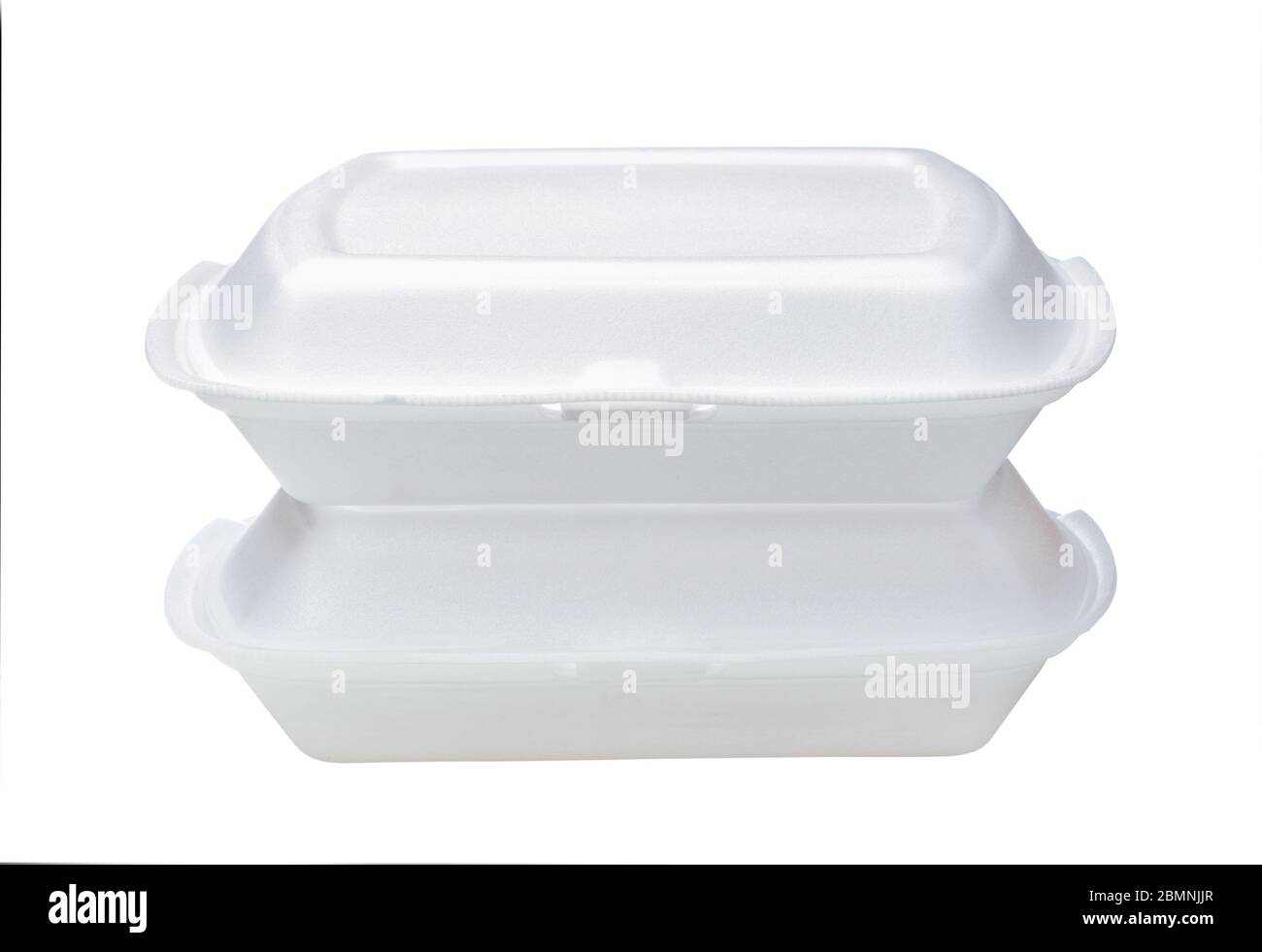 Two white polystyrene take out containers isolated on white background. Stock Photo