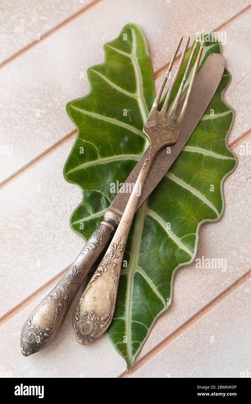 Rustic table place setting, top view, knife and fork on a leaf, vertical image Stock Photo