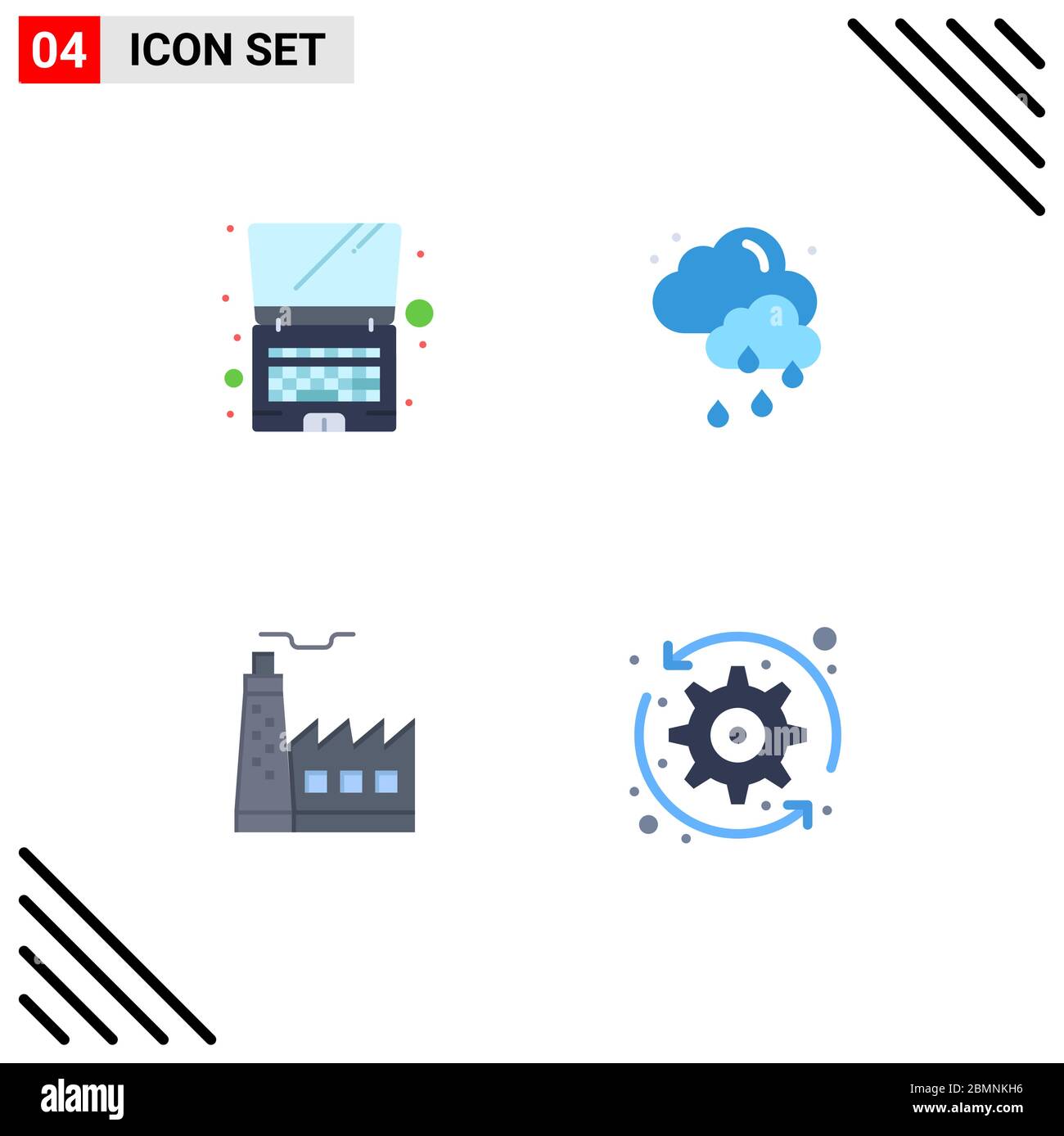 Mobile Interface Flat Icon Set of 4 Pictograms of computer, industrey, cloud, building, refresh Editable Vector Design Elements Stock Vector