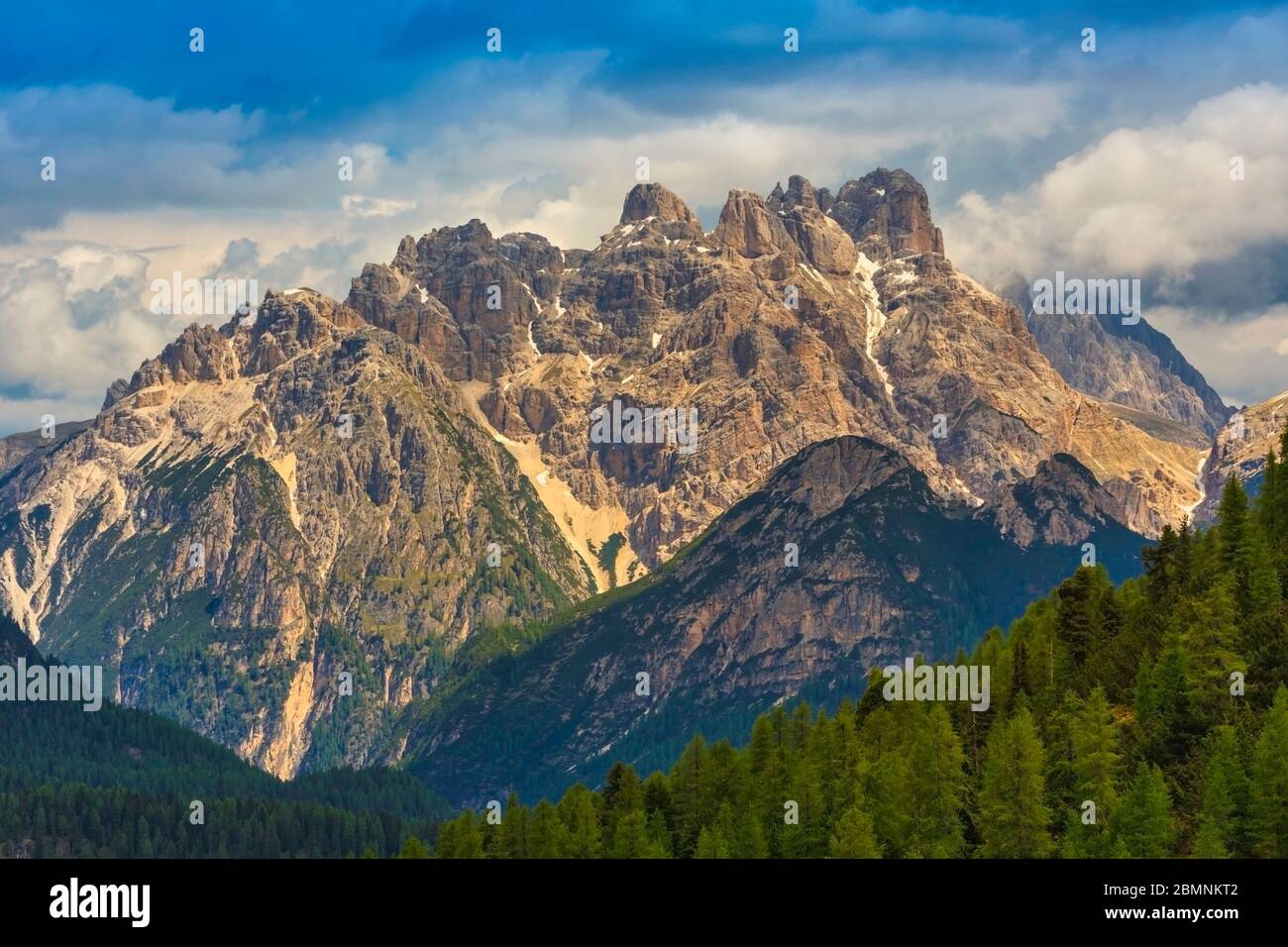 View of Dolomite Mountains from Rif Col-de-Varda above Lake Misurina, Belluno Province, Veneto, Italy.  The Dolomites are a UNESCO World Heritage Site Stock Photo