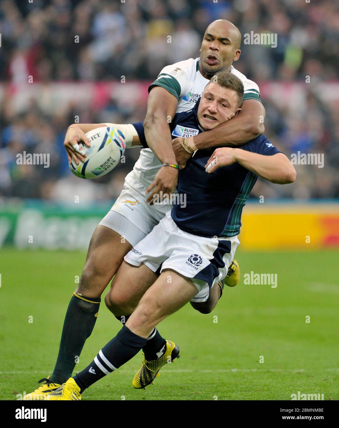 October 3rd 2015, RWC Pool B, South Africa v Scotland, St James park, Newcastle. Scotland's Duncan Weir is tackled by South Africa's J P Pietersen. Stock Photo
