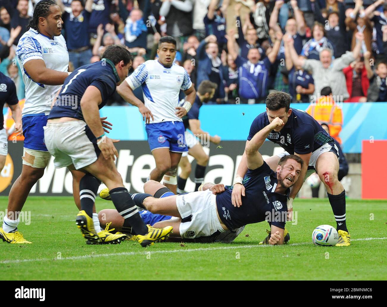 10th October 2015, Rugby World Cup Pool B: Samoa v Scotland, St James Park, Newcastle. Scotland's Greig Laidlaw celebrates after scoring a try. Stock Photo