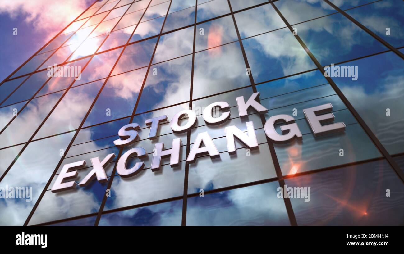 Stock Exchange on glass building. Mirrored sky and city modern facade. Capital market, business, trade, corporation, macro economy and financial conce Stock Photo