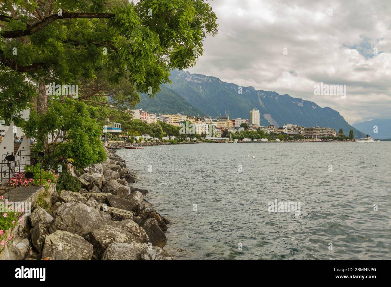 Panoramic view on swiss promenade, alpine riviera and Lake Geneva landscape in Montreux city in SWITZERLAND. Stock Photo
