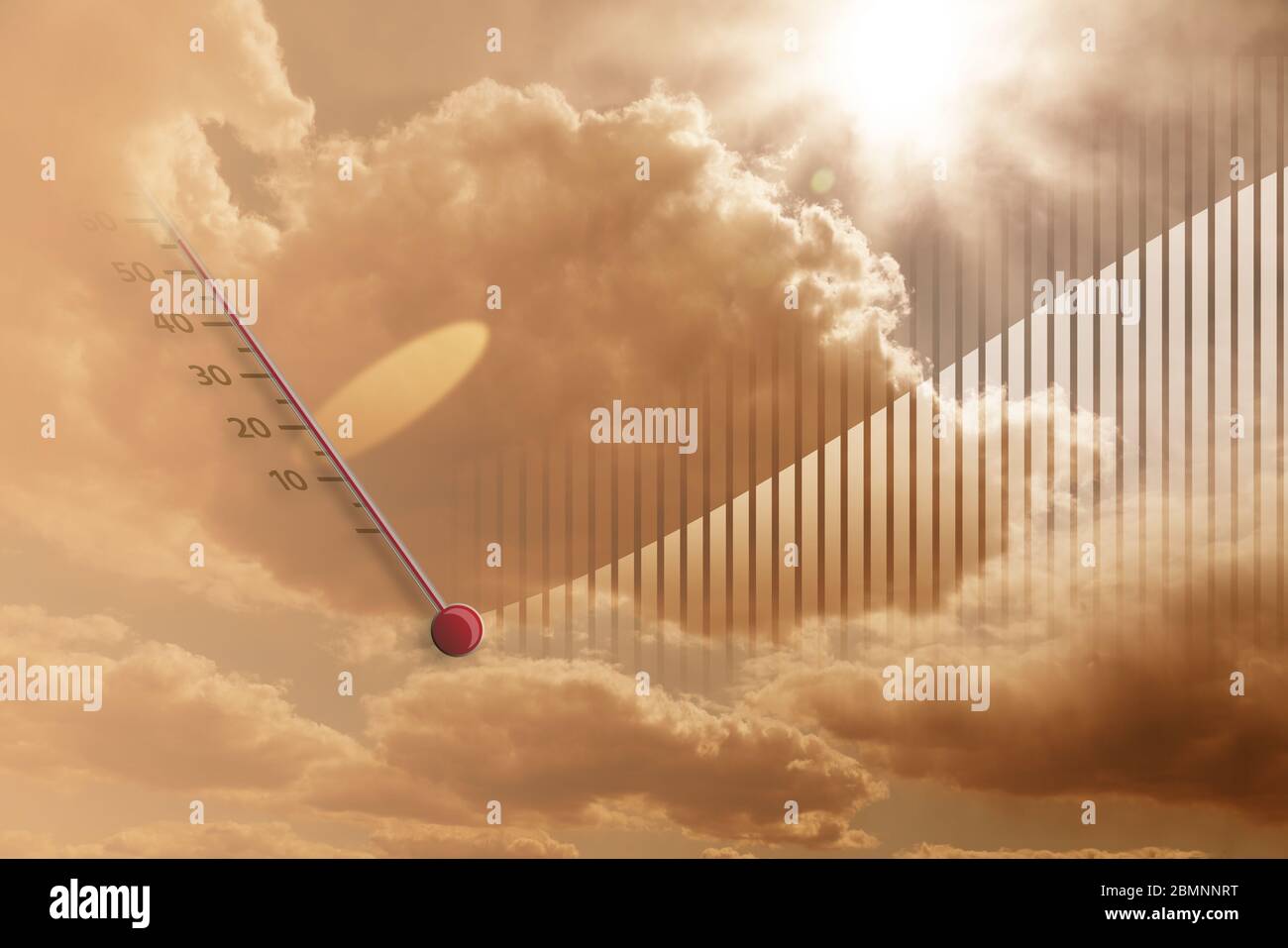 Thermometer shows high air temperature. Global warming concept Stock Photo