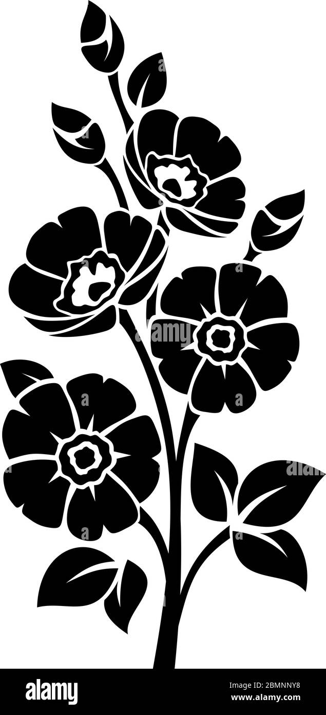 Vector black silhouette of flowers isolated on a white background Stock