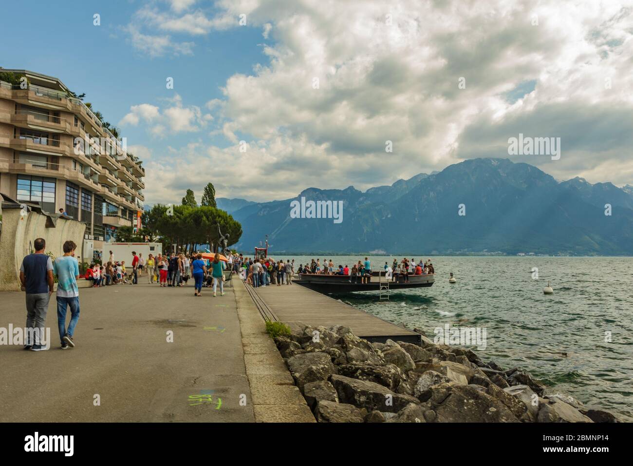 Panoramic view on swiss promenade, alpine riviera and Lake Geneva landscape in Montreux city in SWITZERLAND. Stock Photo