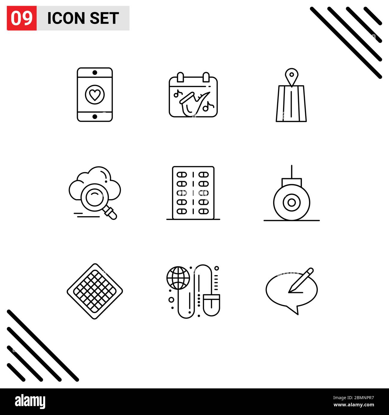 Set of 9 Modern UI Icons Symbols Signs for fitness, disease, road, access, data Editable Vector Design Elements Stock Vector