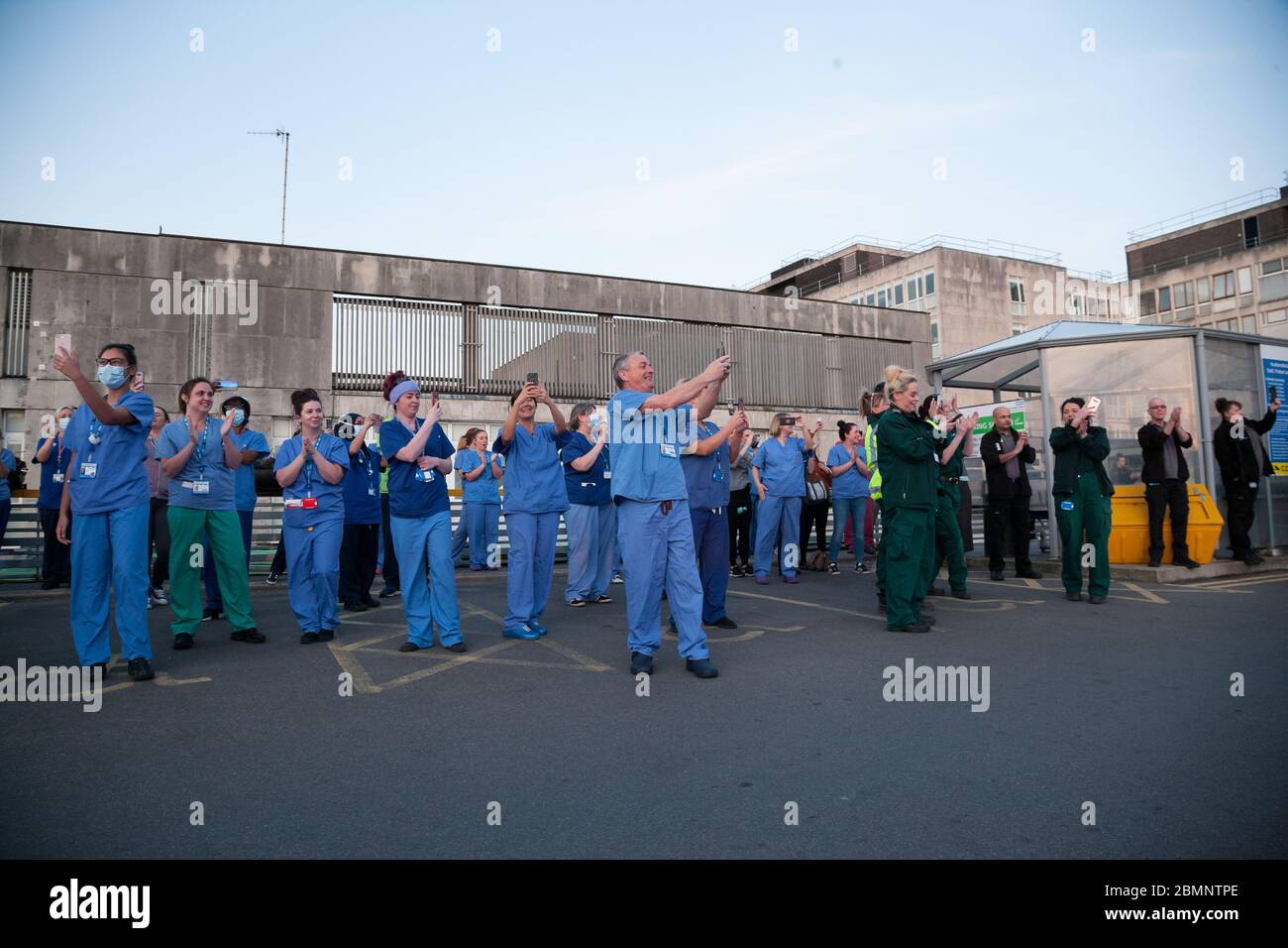 Frontline health workers meet outside Huddersfield Royal Infirmary for ‘clap for our carers’. Stock Photo