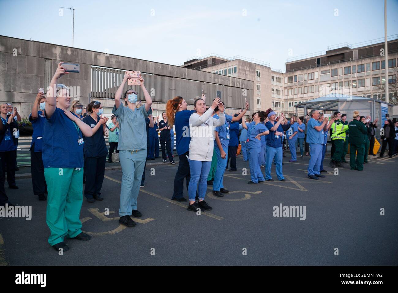 Frontline health workers meet outside Huddersfield Royal Infirmary for ‘clap for our carers’. Stock Photo