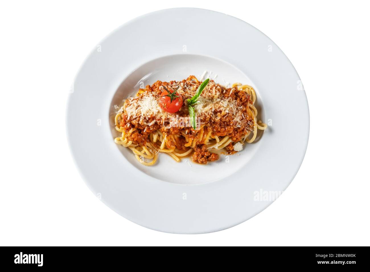 Italian dish of bolognese with spaghetti on a plate. On white background. Stock Photo