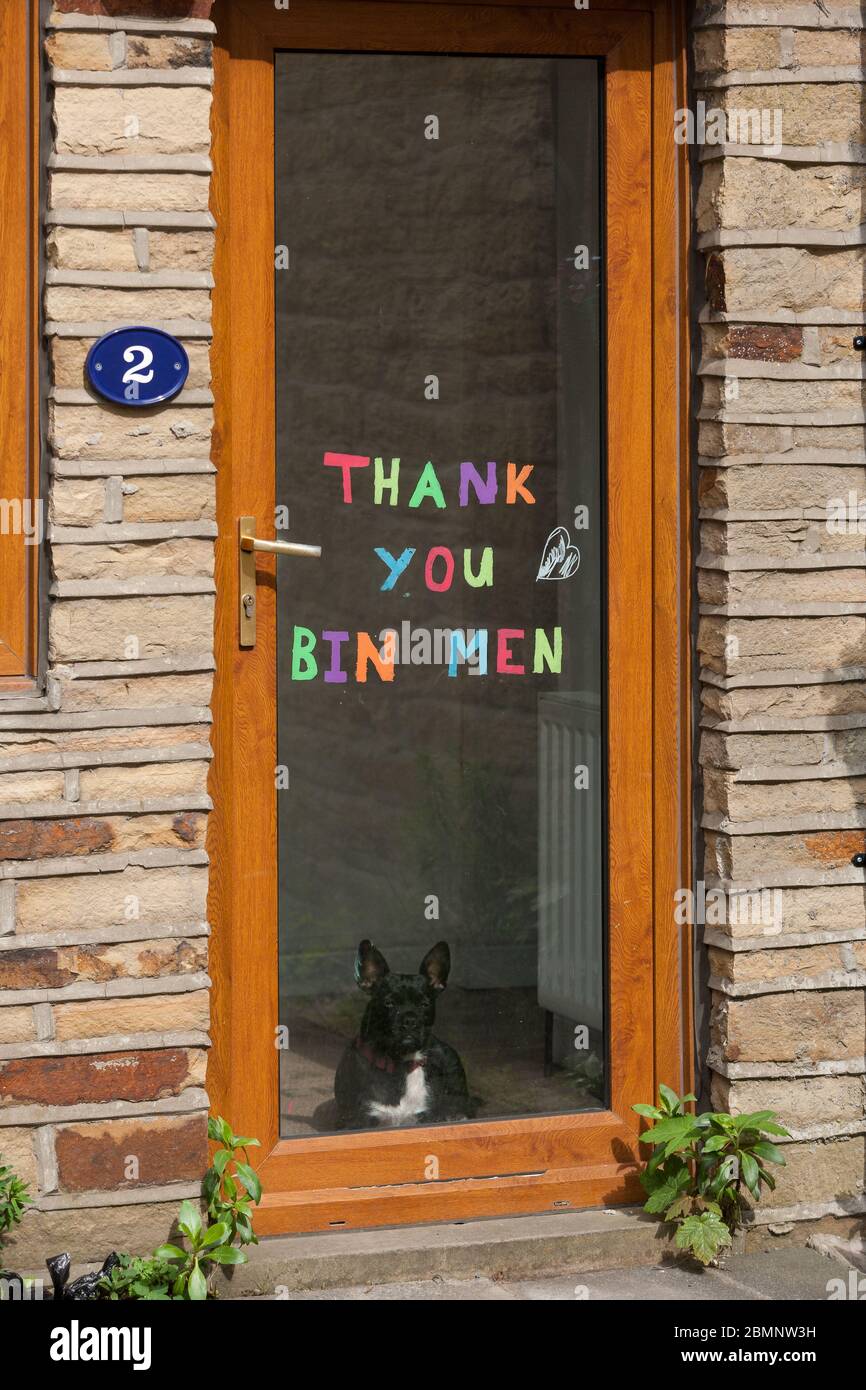 A dog sits behind a door with a message thanking council workers during lockdown. Stock Photo