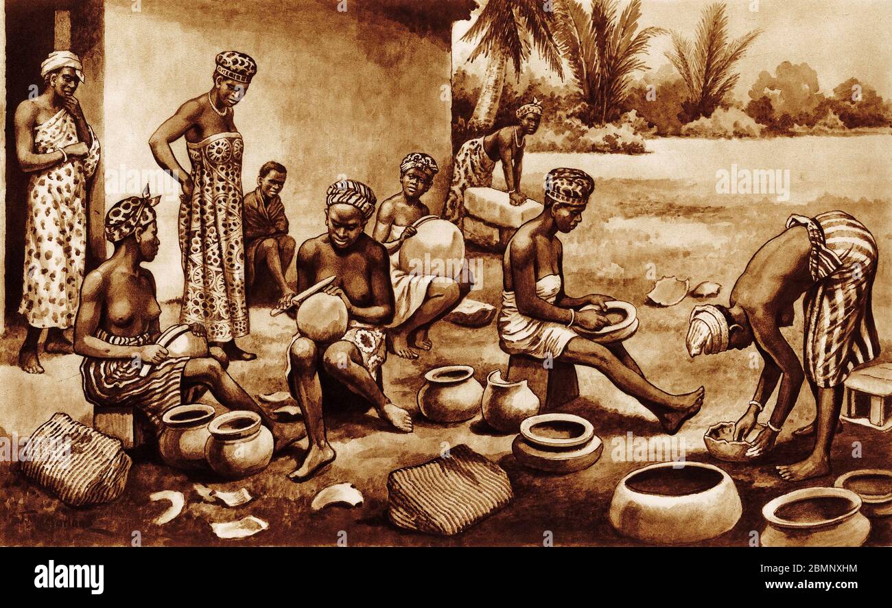 illustration of West African women making pottery, from a set of school posters used for social studies, c 1930 Stock Photo