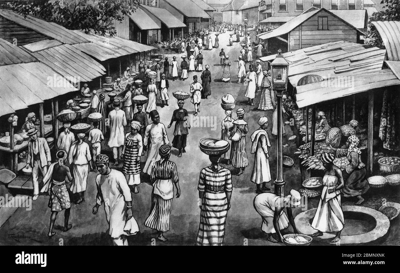 illustration of a market day in Freetown, capital of Sierra Leone, in Africa, from a set of school posters used for social studies, c 1930 Stock Photo
