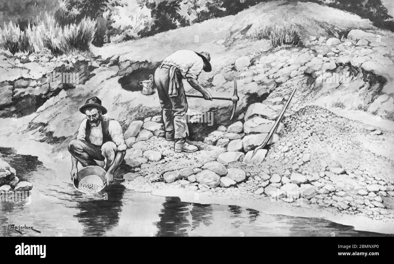 illustration of men fossicking for gold in Australia, from a set of school posters used for social studies, c 1930 Stock Photo