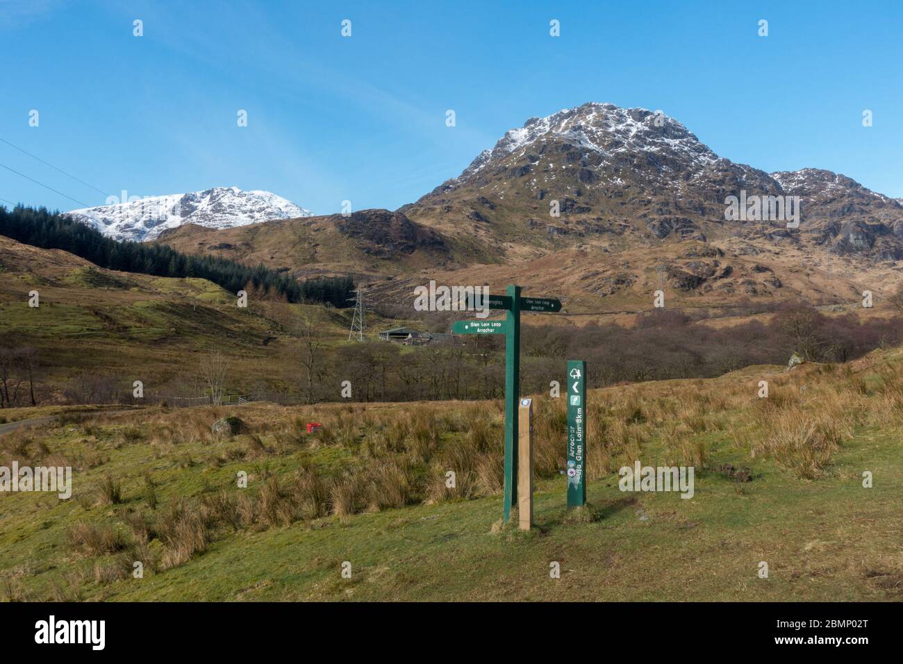 A signpost in the Arrochar Alps showing the Glen Loin loop. Ben Vane and Ben  Ime in the background Stock Photo - Alamy