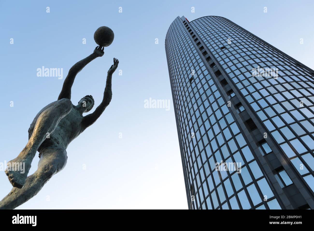 Monument of a famous Croatian basketball player Drazen Petrovic and Cibona business tower in Zagreb Stock Photo