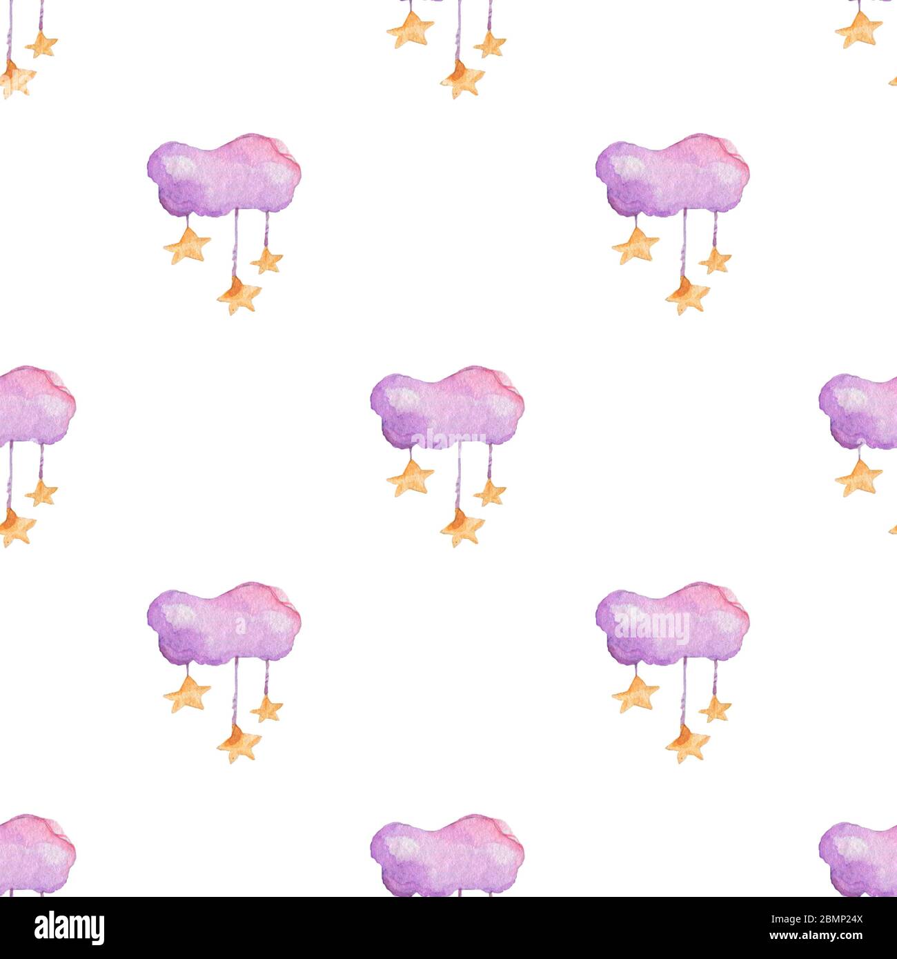 Children seamless pattern with pink clouds and stars in sky on white ...