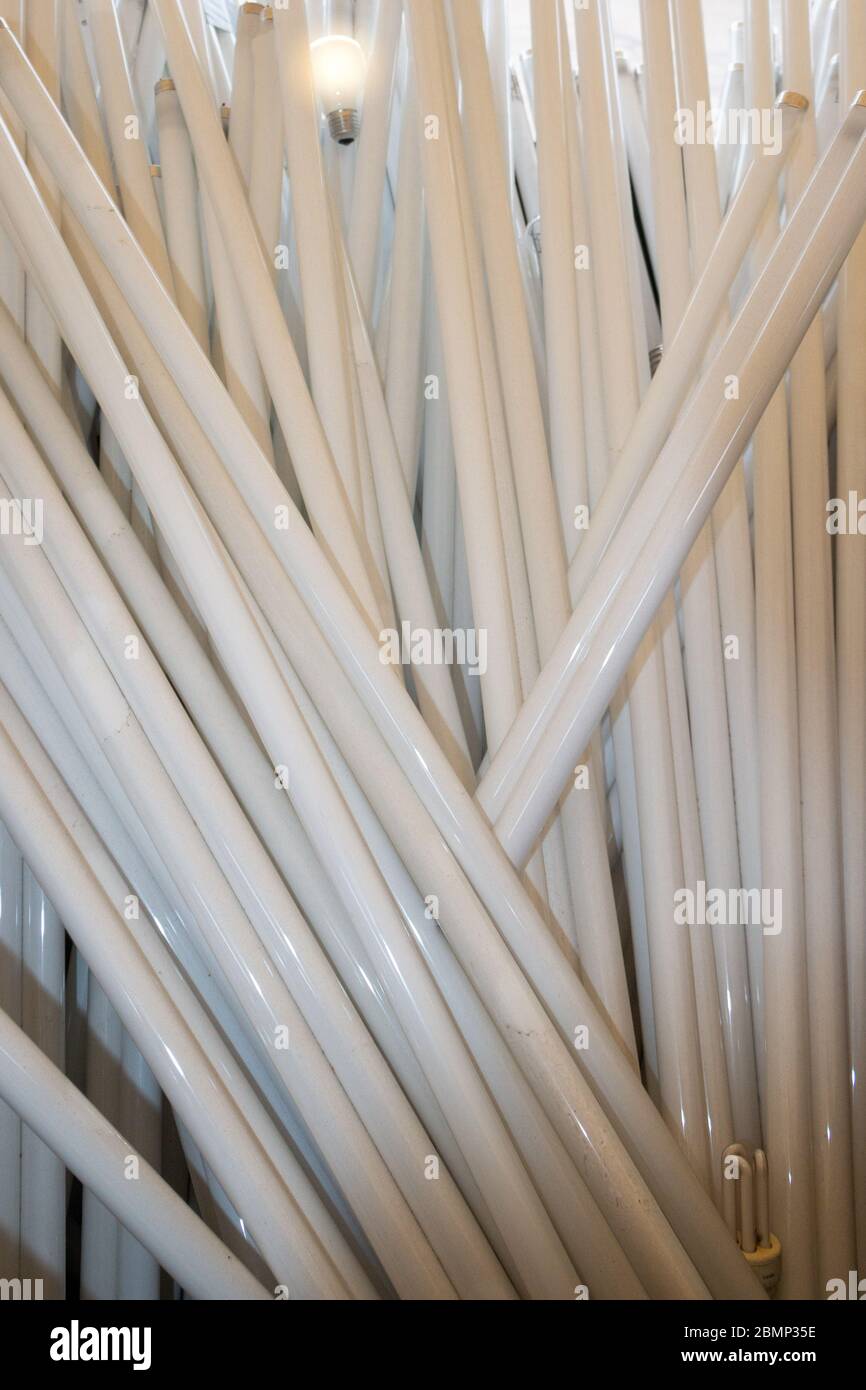 Waste bin with discarded old fluorescent tubes, designated as chemical