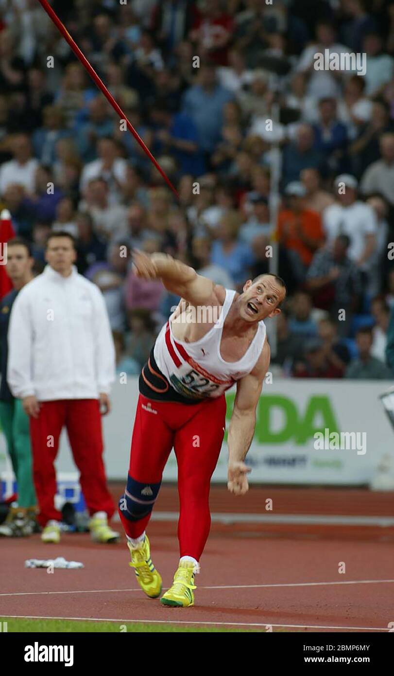 MANCHESTER - JULY 31: Mark Roberson of England compete  in the Men's Javelin Throw Final at City of Manchester Stadium during the 2002 Commonwealth Ga Stock Photo