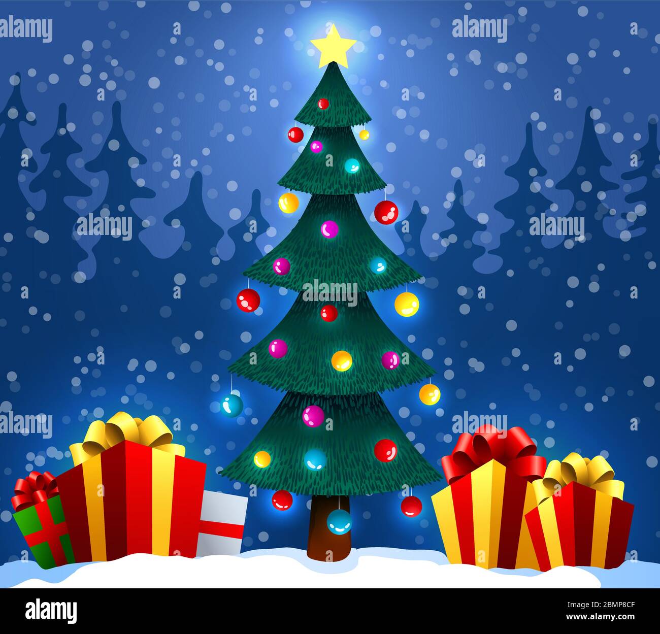 Christmas tree with gifts on snow in winter forest. Christmas and New ...