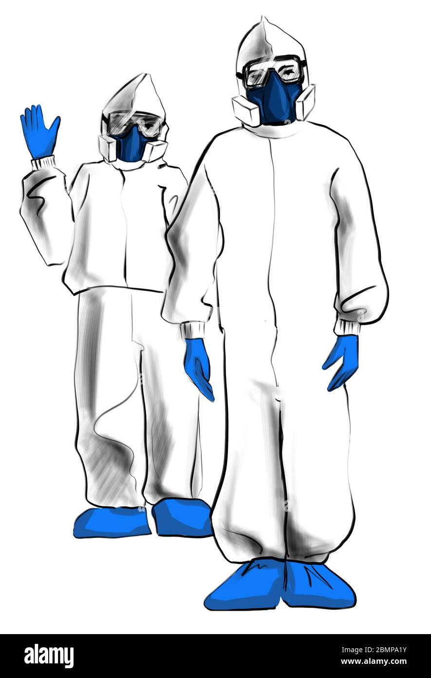 Sketch of full length view male and female doctors in protective PPE suit wearing medical gloves illustration hand drawn on white background Stock Photo