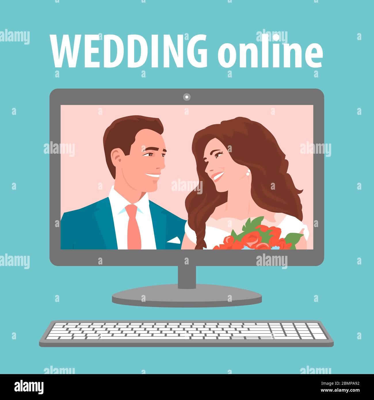 Wedding with the bride and groom online with a computer Stock Vector ...