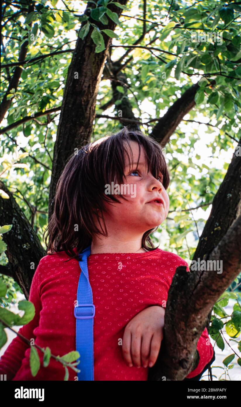A young girl exploring in the woods with a bag over her shoulder Stock Photo