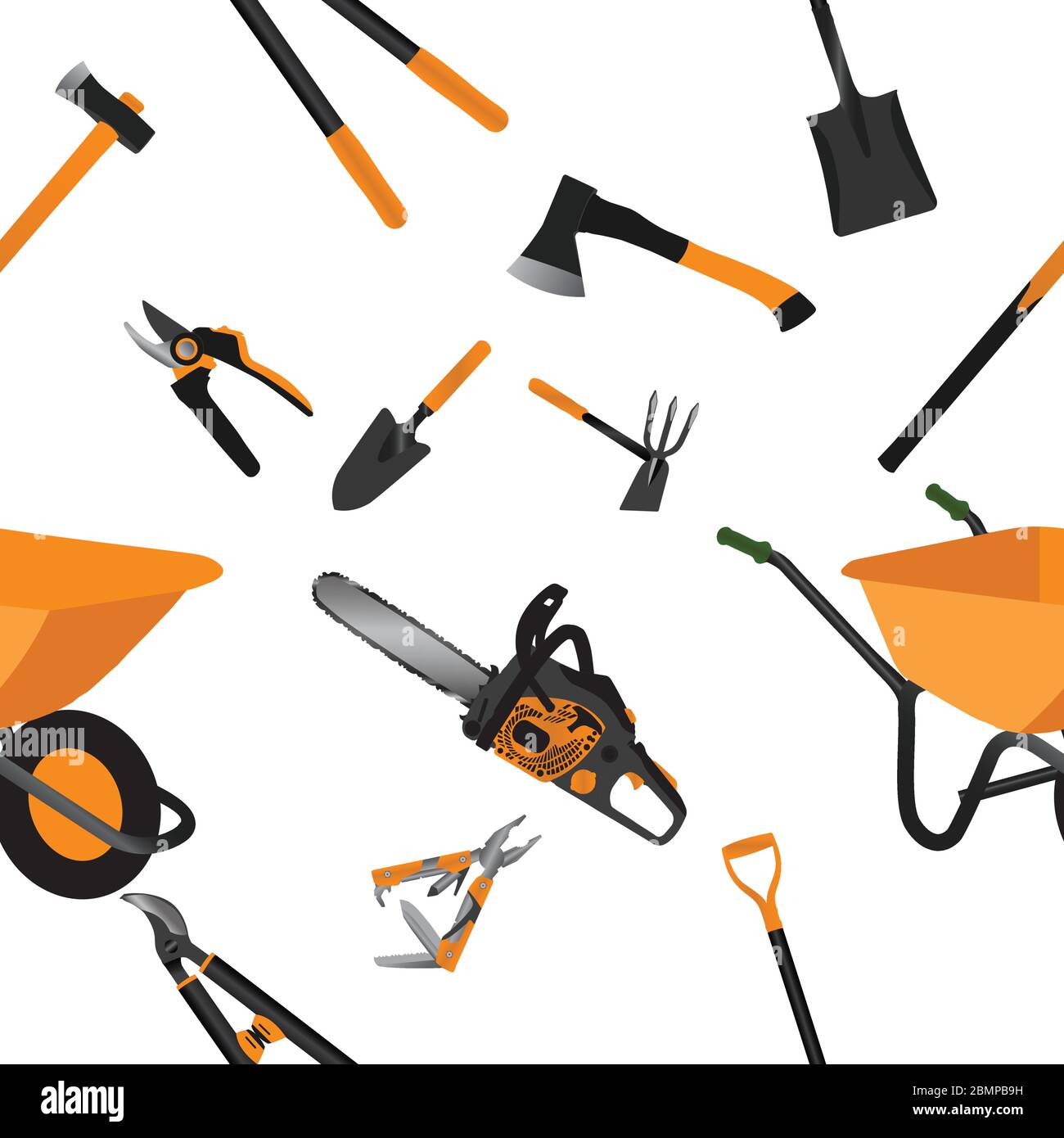 gardening tools objects seamless pattern illustration, flat design Stock Vector
