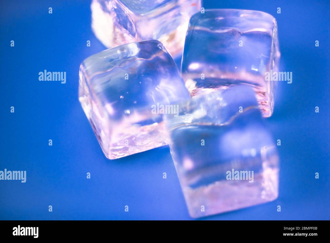 Four Ice cubes against a blue purple background Stock Photo