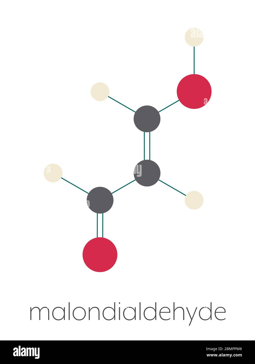 Malondialdehyde (MDA, enol form) molecule. Marker of oxidative stress and naturally produced during the lipid peroxidation of polyunsaturated fatty acids. Stylized skeletal formula (chemical structure): Atoms are shown as color-coded circles: hydrogen (beige), carbon (grey), oxygen (red). Stock Photo