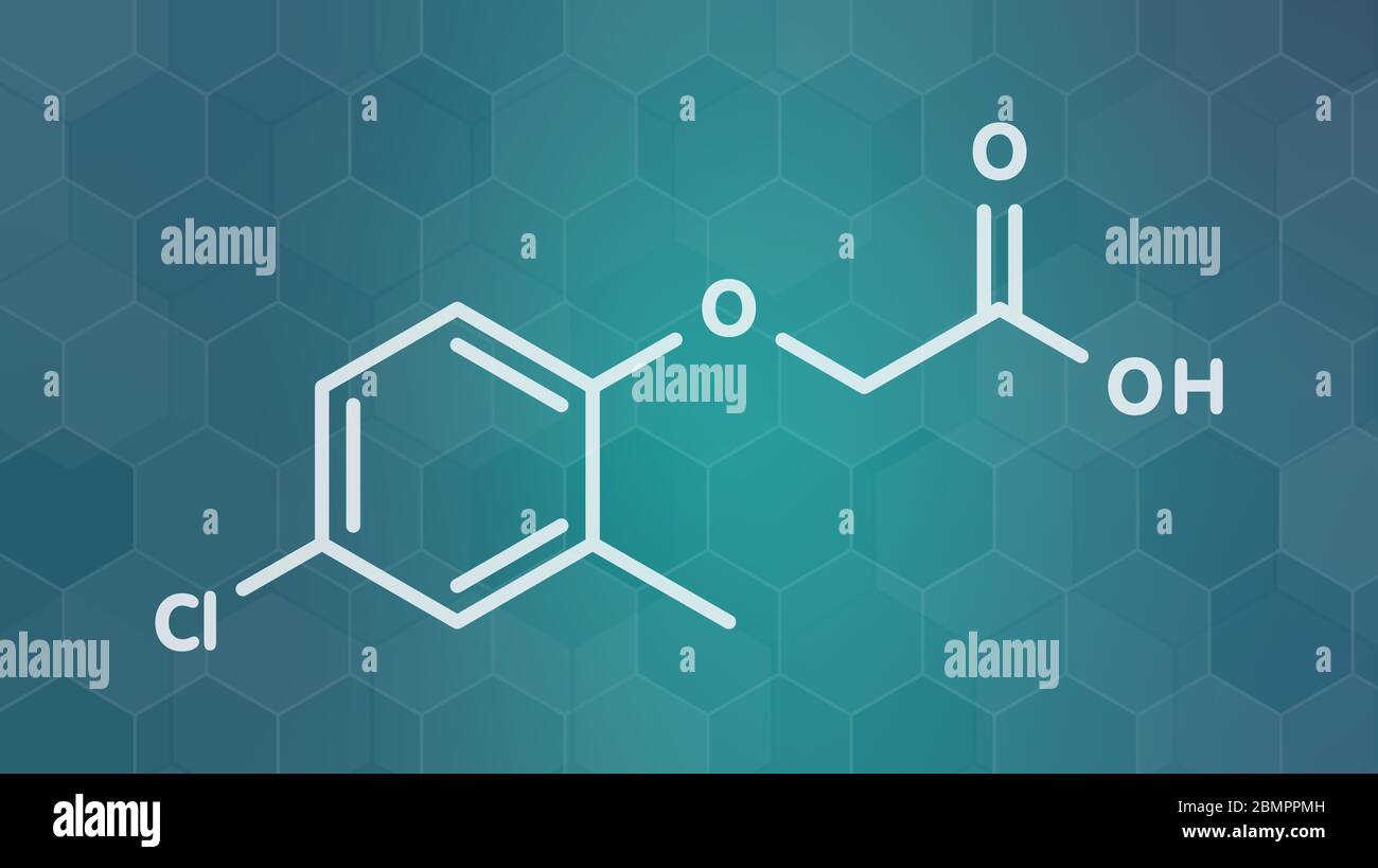 MCPA (2methyl4chlorophenoxyacetic acid) herbicide molecule. Skeletal