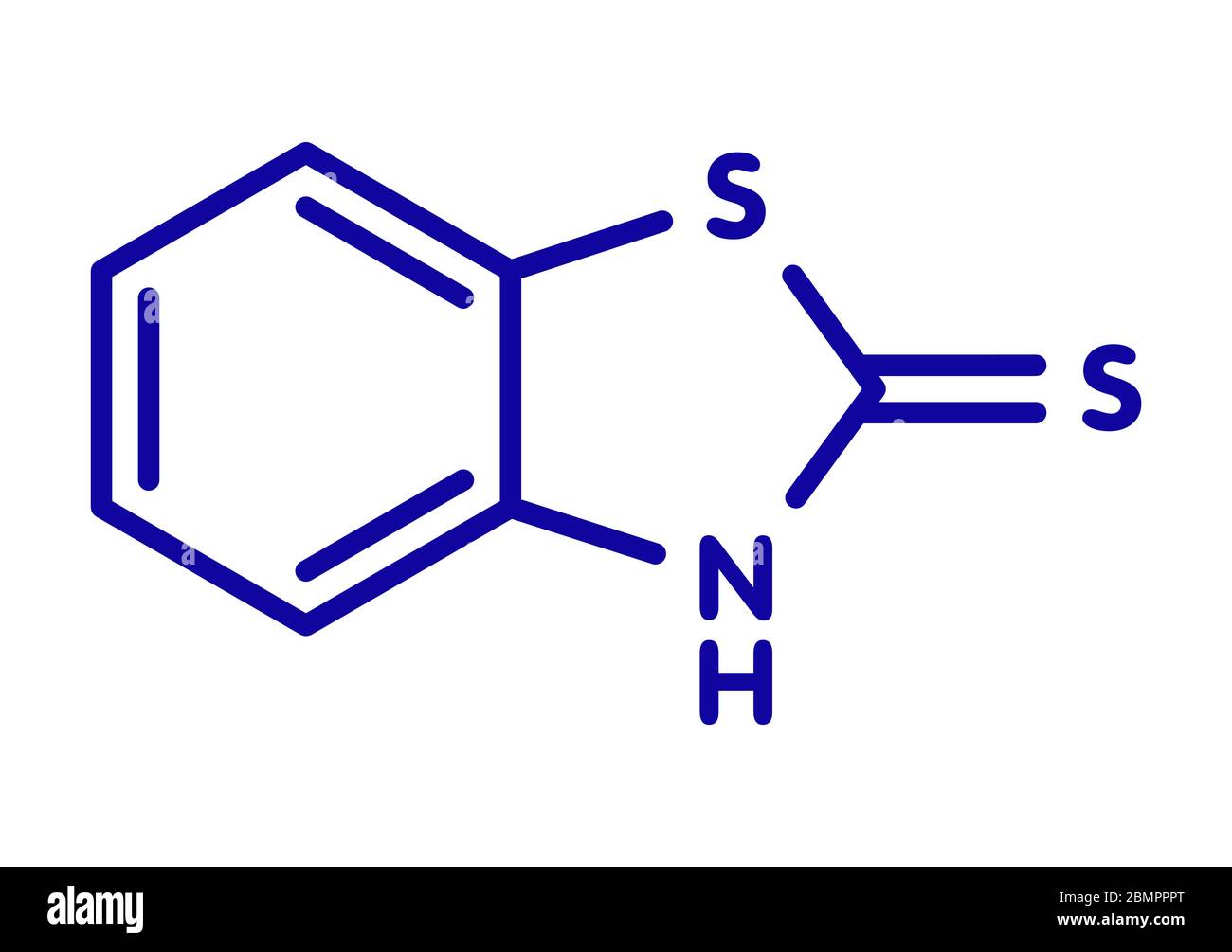 Mercaptobenzothiazole (MBT) skin sensitizer molecule. Used as rubber vulcanising agent. Skeletal formula. Stock Photo