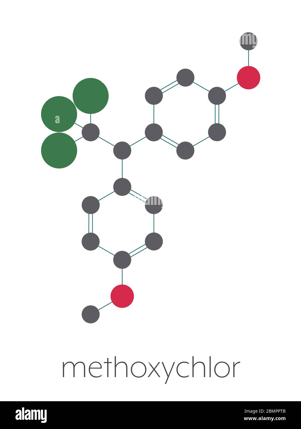 Methoxychlor pesticide molecule. Stylized skeletal formula (chemical structure): Atoms are shown as color-coded circles: hydrogen (hidden), carbon (grey), oxygen (red), chlorine (green). Stock Photo