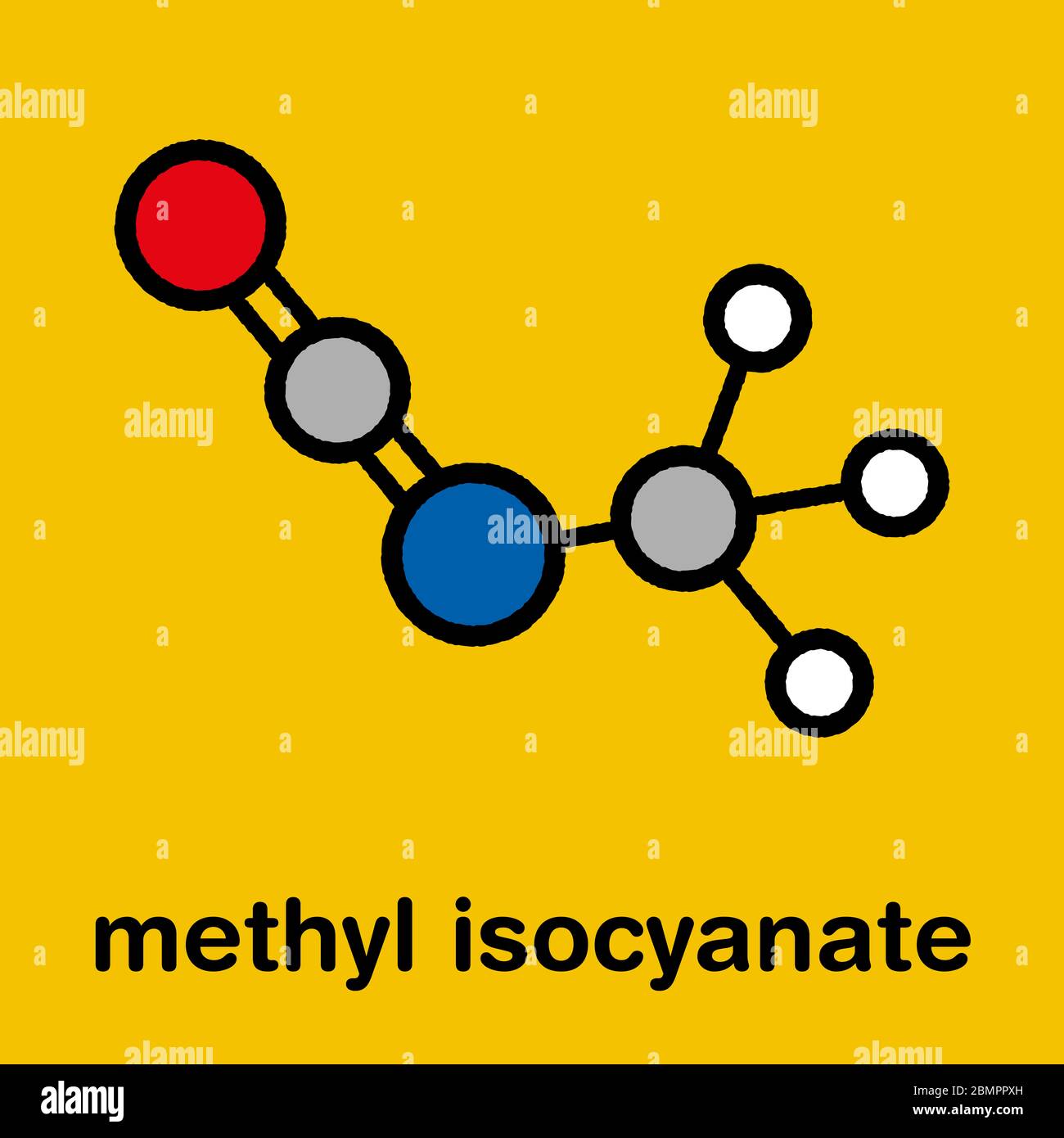 Methyl isocyanate (MIC) toxic molecule. Important chemical that was responsible for thousands of deaths in the Bhopal disaster. Stylized skeletal formula (chemical structure): Atoms are shown as color-coded circles: hydrogen (white), carbon (grey), oxygen (red), nitrogen (blue). Stock Photo