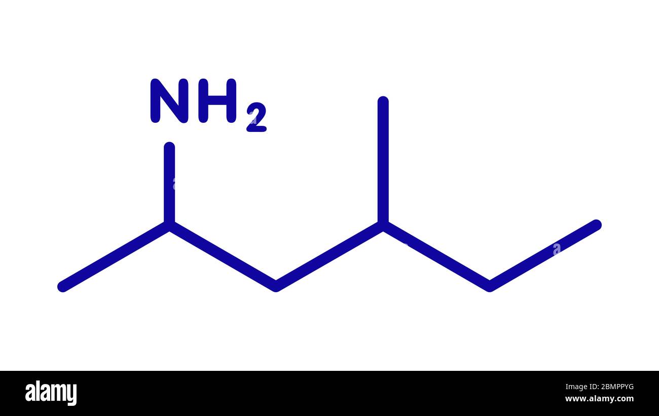 Methylhexanamine (1,3-dimethylamylamine, DMAA) stimulant drug, chemical structure. Skeletal formula. Stock Photo